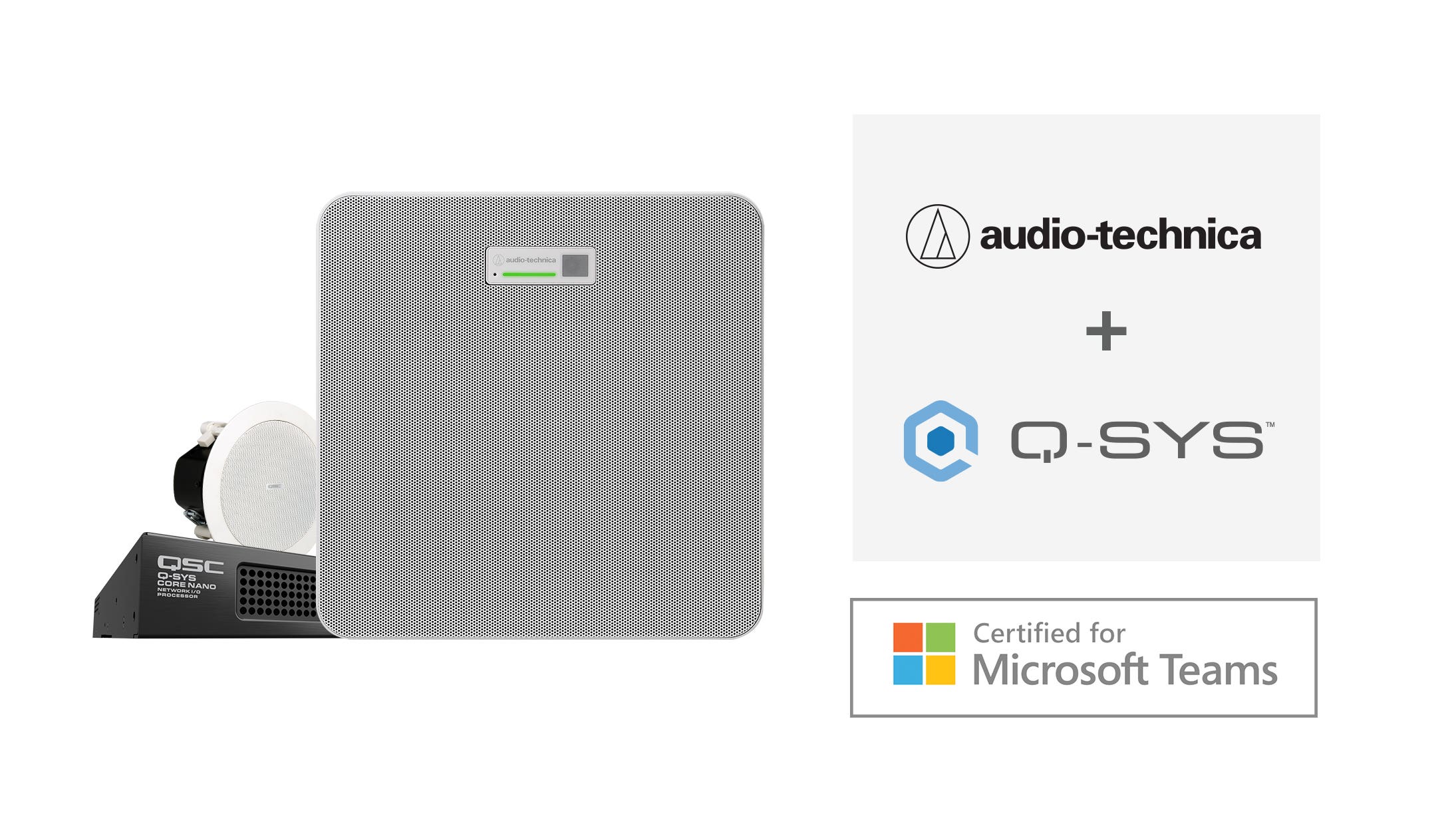 El array microfónico de techo ATND1061DAN de Audio-Technica, en combinación con el sistema Q-SYS, ya está certificado para Salas de Microsoft Teams