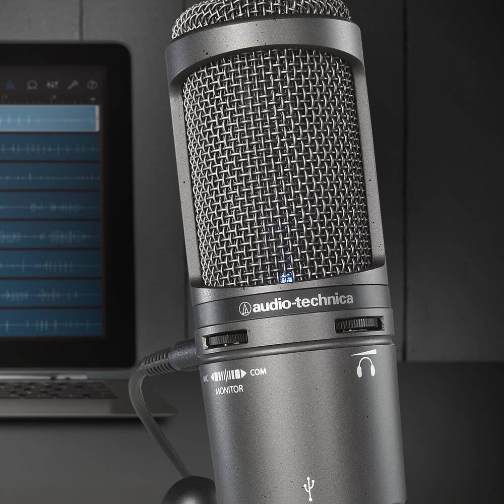 AT2020USB+ Cardioid Condenser USB Microphone connected to laptop