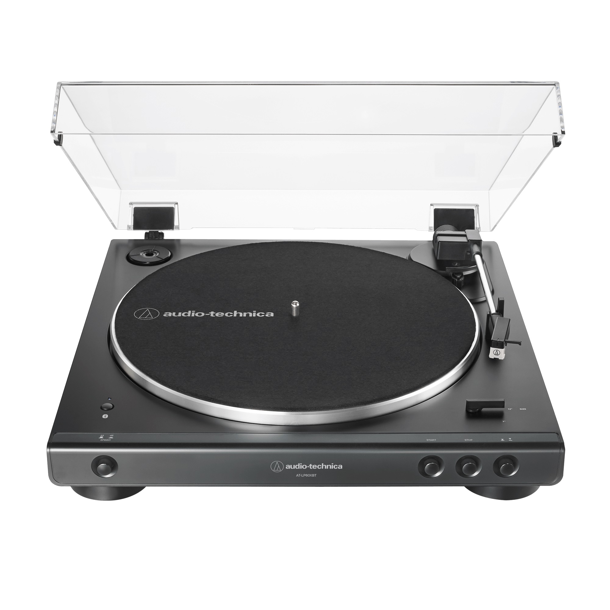 Black Audio-Technica AT-LP60XBT-BK with dust cover open