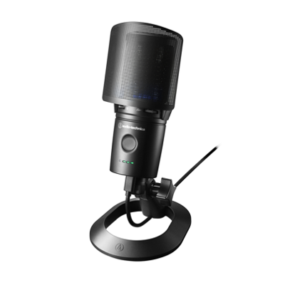 White background product image of AT2020USB-XP microphone with pop filter